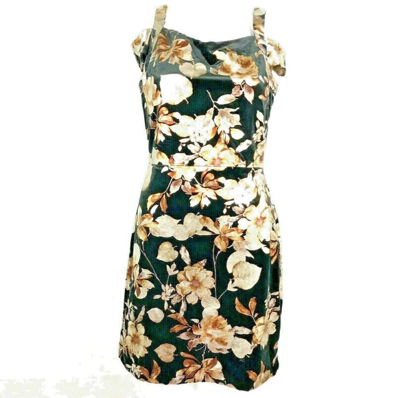 ECI Dress Women Sz 6 Black Beige Gold Floral Sleeveless Sheath Zip Cold Shoulder - Picture 1 of 9